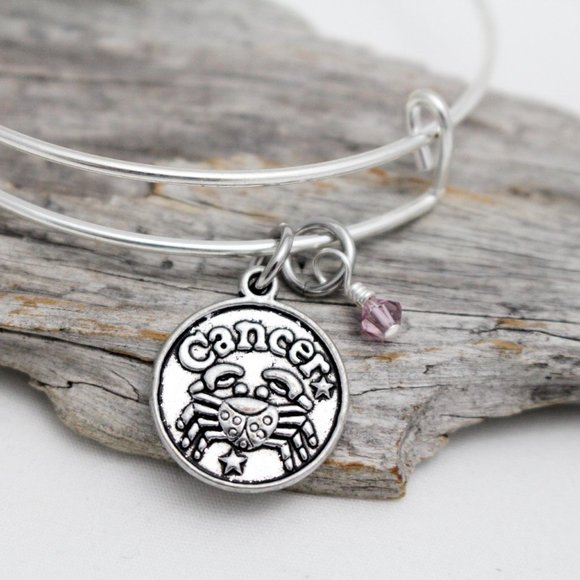 June Cancer Adjustable Charm Bangle - Handmade Zodiac Bracelet - Picture 4 of 11